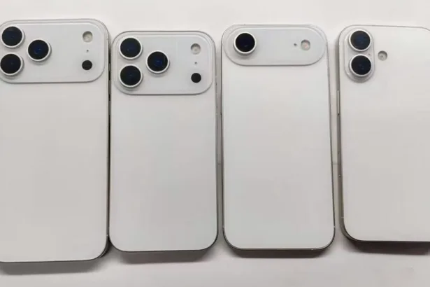 Mock‑ups da linha iPhone 17 — Pro Max, Pro, Air e modelo base — em acabamento branco mostrando diferentes módulos de câmera