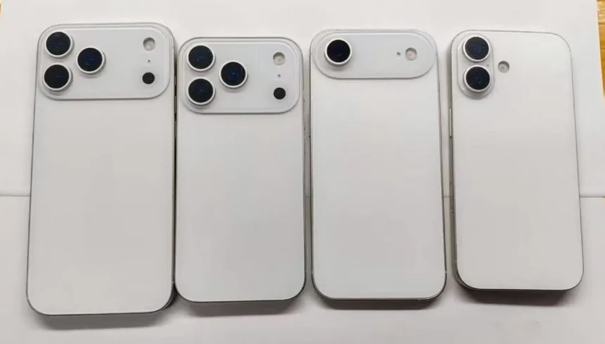 Mock‑ups da linha iPhone 17 — Pro Max, Pro, Air e modelo base — em acabamento branco mostrando diferentes módulos de câmera