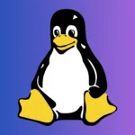 Pinguim Tux, o mascote do Linux, sobre fundo degradê azul e roxo