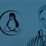 Imagem conceitual de Linus Torvalds com Git e Linux ao fundo.