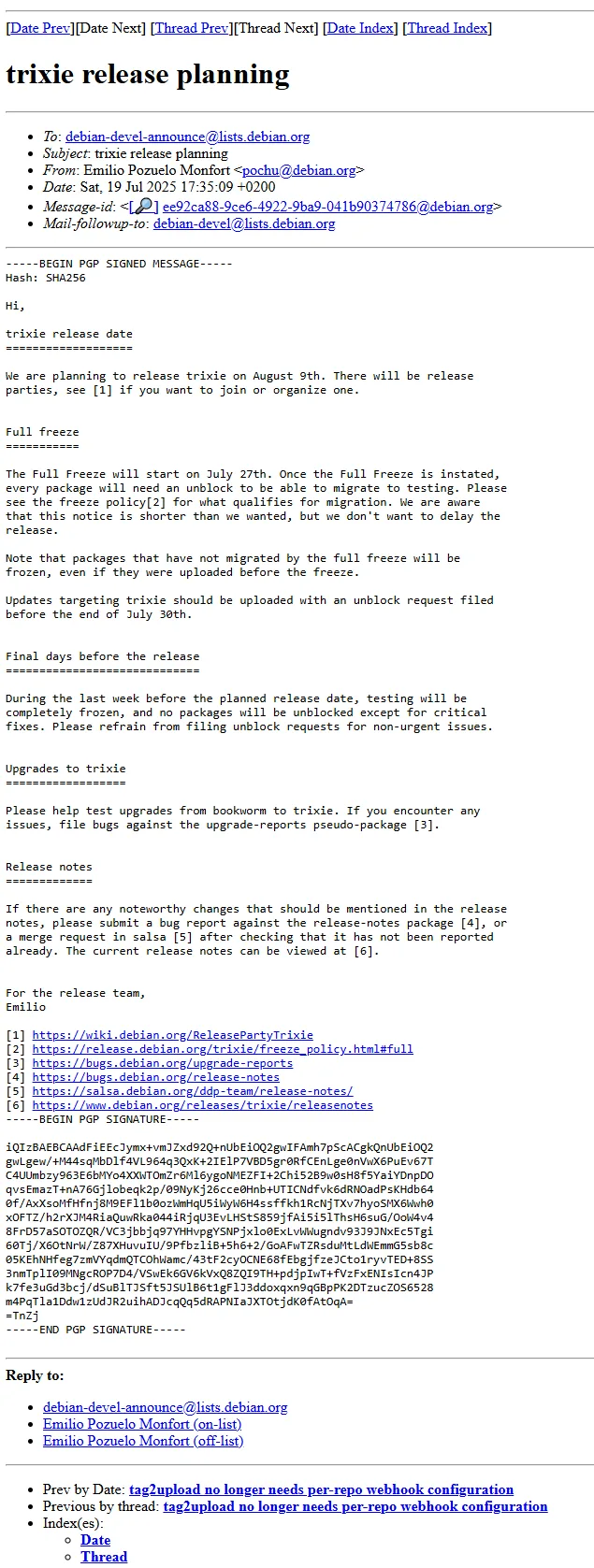 Print do comunicado oficial do Debian 13 feito por Emilio Pozuelo