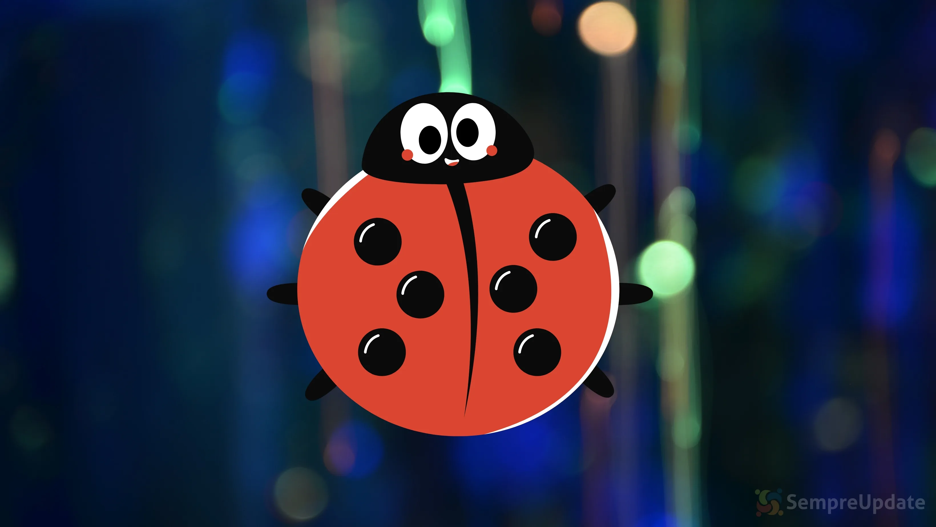 Representação lúdica do bug impressora Linux com joaninha engraçada simbolizando erro divertido que causa imagens bizarras na impressão