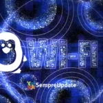 Pingüim do Linux detectando redes Wi-Fi invisíveis com sinal digital em fundo azul, representando o conceito de detector de Wi-Fi secreto Linux