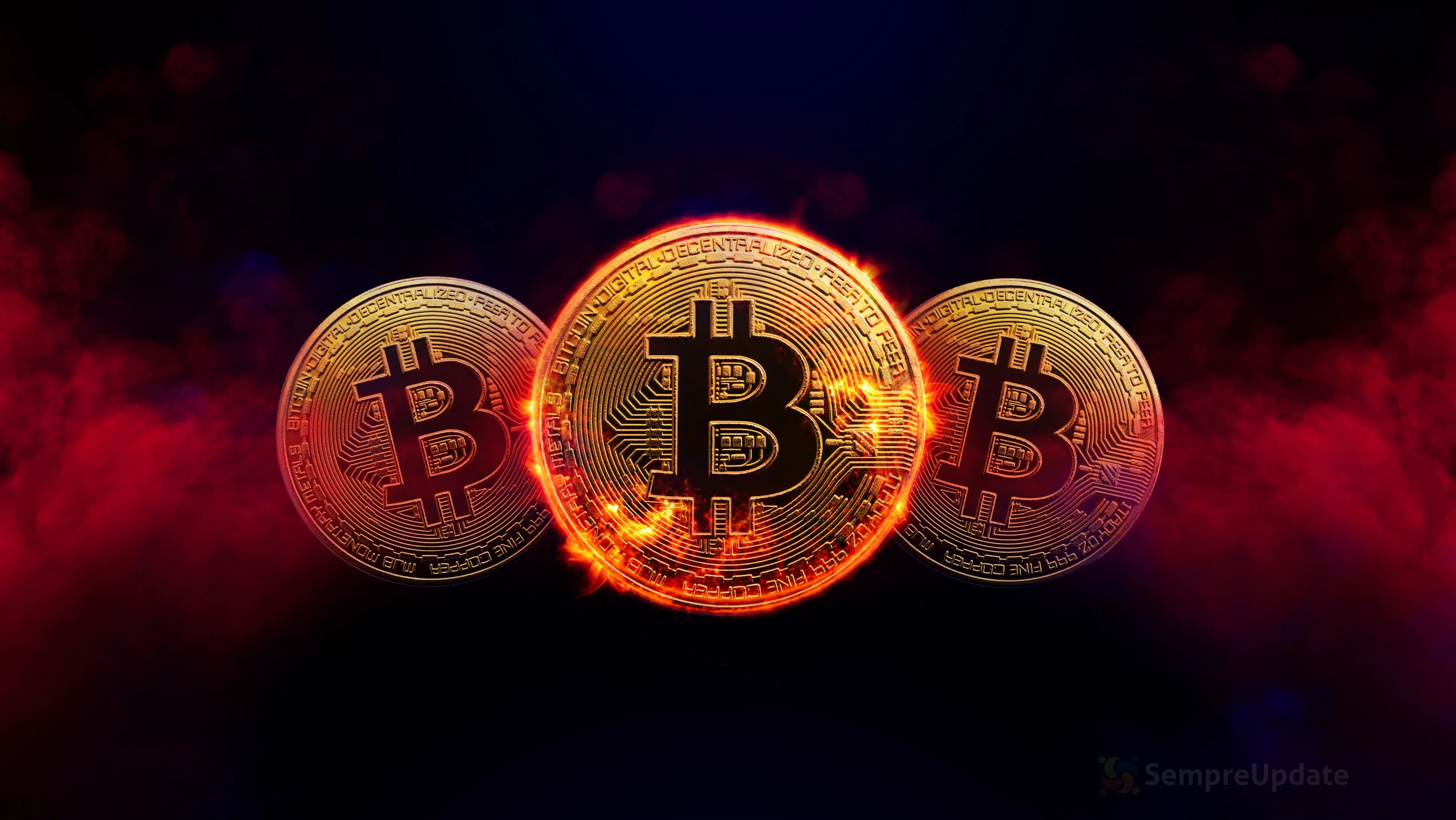 Três moedas de Bitcoin (₿) em destaque, simbolizando a integração do Bitcoin como moeda oficial com 8 casas decimais no LibreOffice Calc.