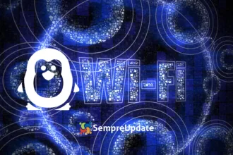 Pingüim do Linux detectando redes Wi-Fi invisíveis com sinal digital em fundo azul, representando o conceito de detector de Wi-Fi secreto Linux