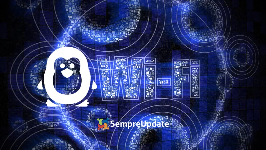 Pingüim do Linux detectando redes Wi-Fi invisíveis com sinal digital em fundo azul, representando o conceito de detector de Wi-Fi secreto Linux