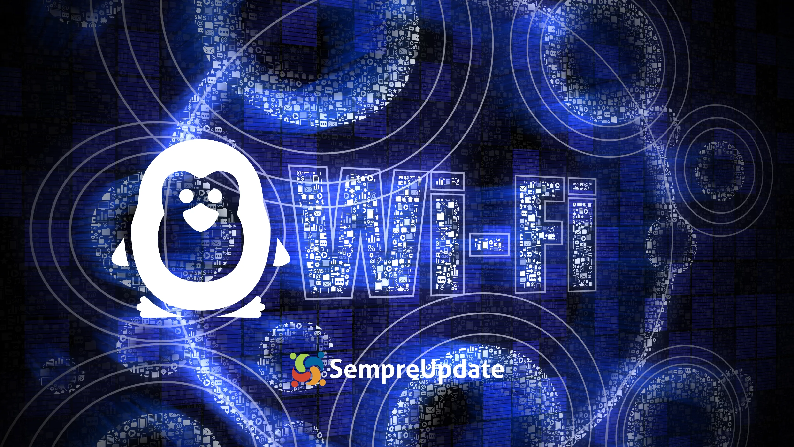 Pingüim do Linux detectando redes Wi-Fi invisíveis com sinal digital em fundo azul, representando o conceito de detector de Wi-Fi secreto Linux