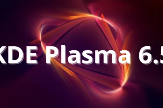 Logo KDE Plasma 6.5 sobre fundo abstrato, destacando visual moderno da nova versão do ambiente Linux”