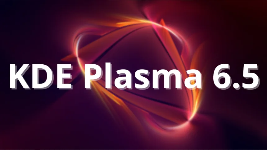 Logo KDE Plasma 6.5 sobre fundo abstrato, destacando visual moderno da nova versão do ambiente Linux”