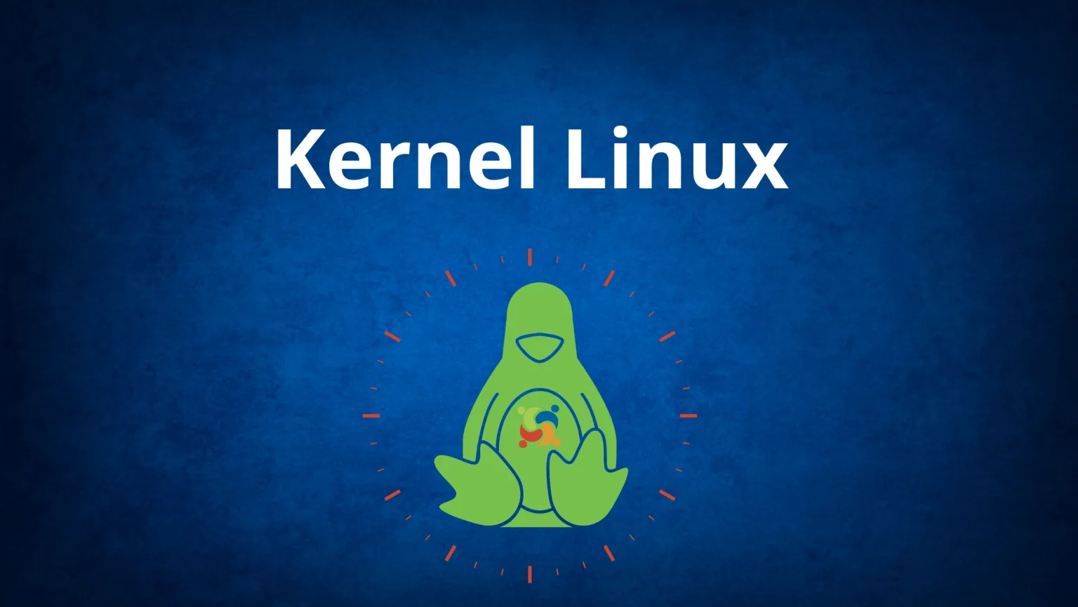 Banner em fundo azul com o texto ‘Kernel Linux’ e ilustração do pinguim Tux estilizado em verde, cercado por marcações vermelhas.