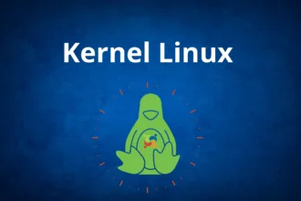 Banner em fundo azul com o texto ‘Kernel Linux’ e ilustração do pinguim Tux estilizado em verde, cercado por marcações vermelhas.