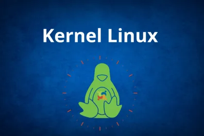 Banner em fundo azul com o texto ‘Kernel Linux’ e ilustração do pinguim Tux estilizado em verde, cercado por marcações vermelhas.