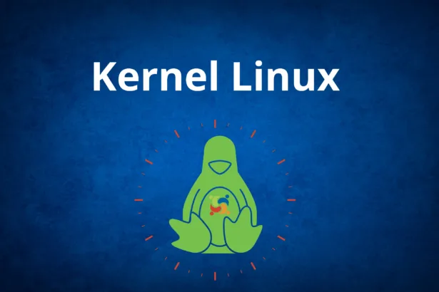 Banner em fundo azul com o texto ‘Kernel Linux’ e ilustração do pinguim Tux estilizado em verde, cercado por marcações vermelhas.