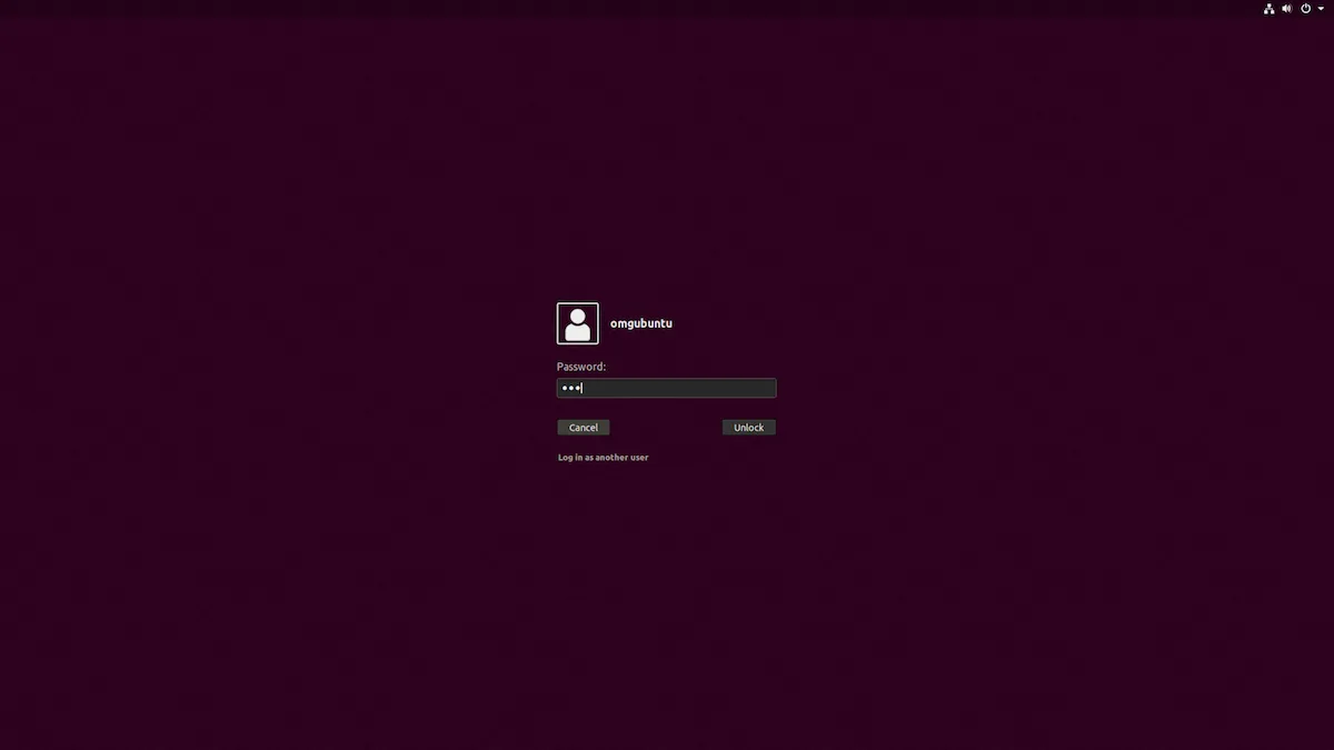 Tela de login do Ubuntu exibindo fundo roxo padrão Ubuntu, símbolo da guerra das cores Ubuntu