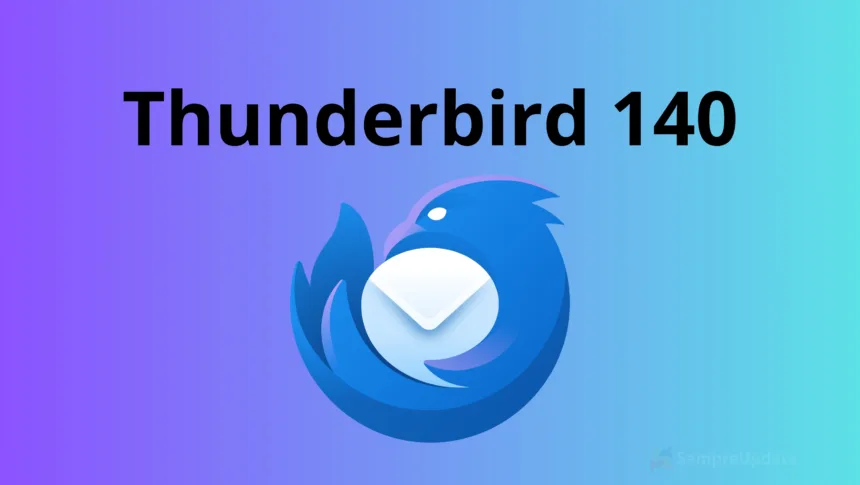 Logo do Thunderbird 140 sobre fundo degradê azul e roxo, destacando o lançamento da nova versão do cliente de e-mail open source.