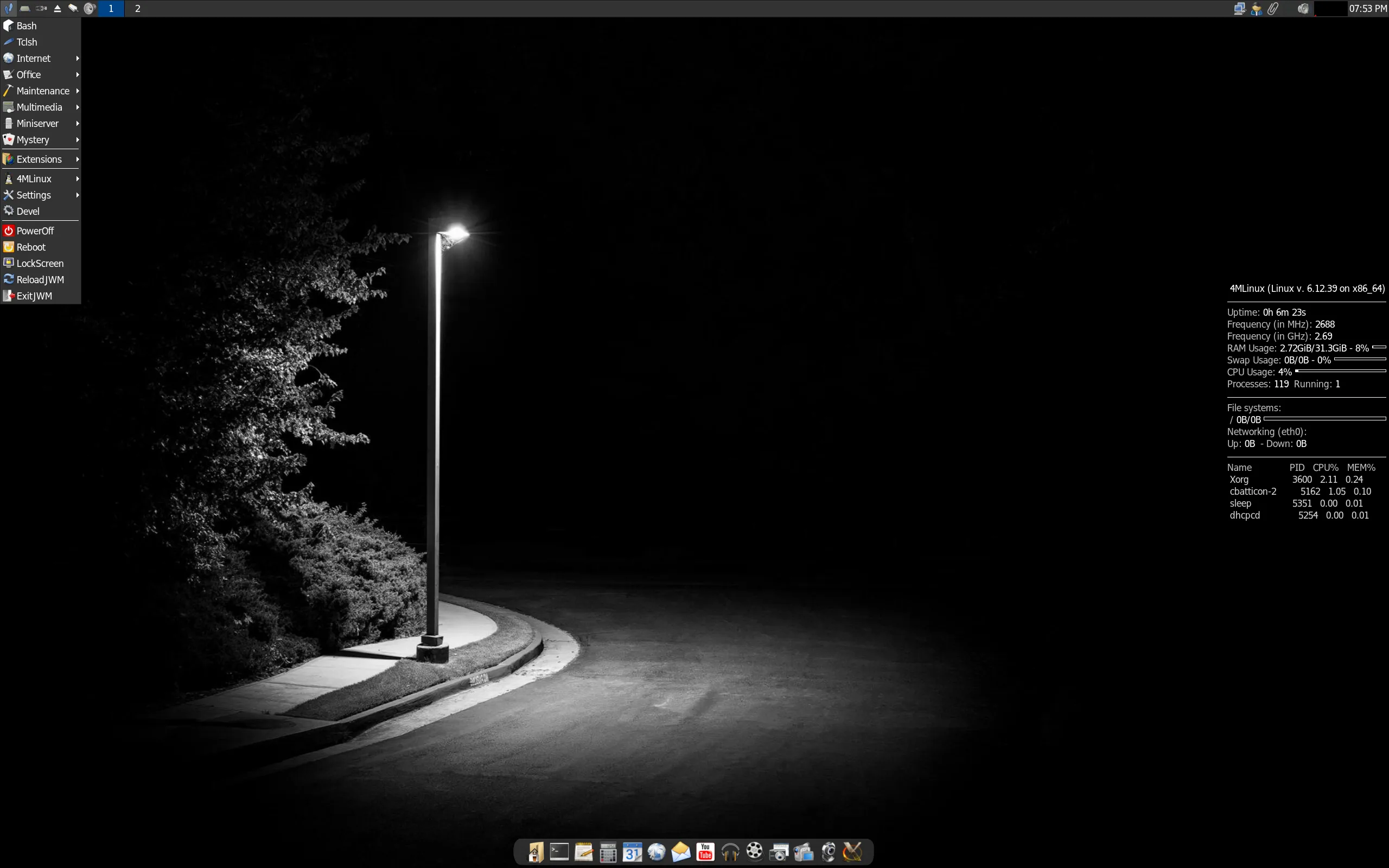 Screenshot do desktop do 4MLinux 49.0 STABLE com menu JWM aberto, conky exibindo informações do sistema e dock de aplicativos na parte inferior