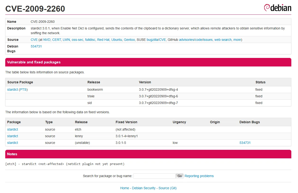 Imagem do CVE-2009-2260 com todos os detalhes da vulnerabilidade reportada