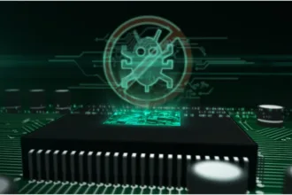 Chip de processador em placa de circuito impresso com holograma de inseto eletrônico riscado por símbolo de proibido, ilustrando a desmistificação do mito de que Linux não tem vírus e a segurança do sistema Linux.