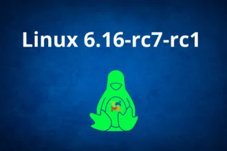 Logo do Linux em verde com fundo azul e a frase 'Linux 6.16-rc7-rc1' centralizada, representando atualização de versão do kernel