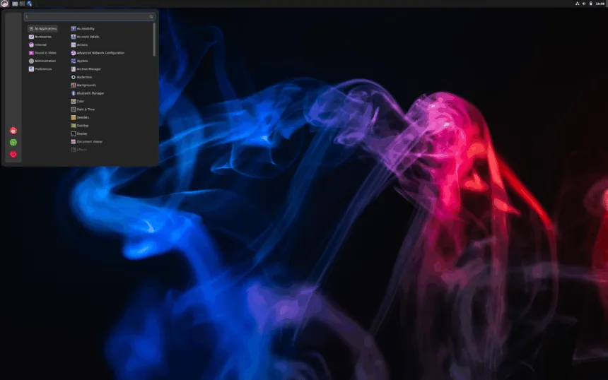 Screenshot do PorteuX 2.2 com o menu de aplicativos aberto em um ambiente desktop leve, sobre um papel de parede abstrato de fumaça azul e rosa