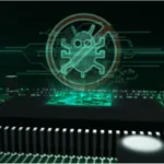 Chip de processador em placa de circuito impresso com holograma de inseto eletrônico riscado por símbolo de proibido, ilustrando a desmistificação do mito de que Linux não tem vírus e a segurança do sistema Linux.
