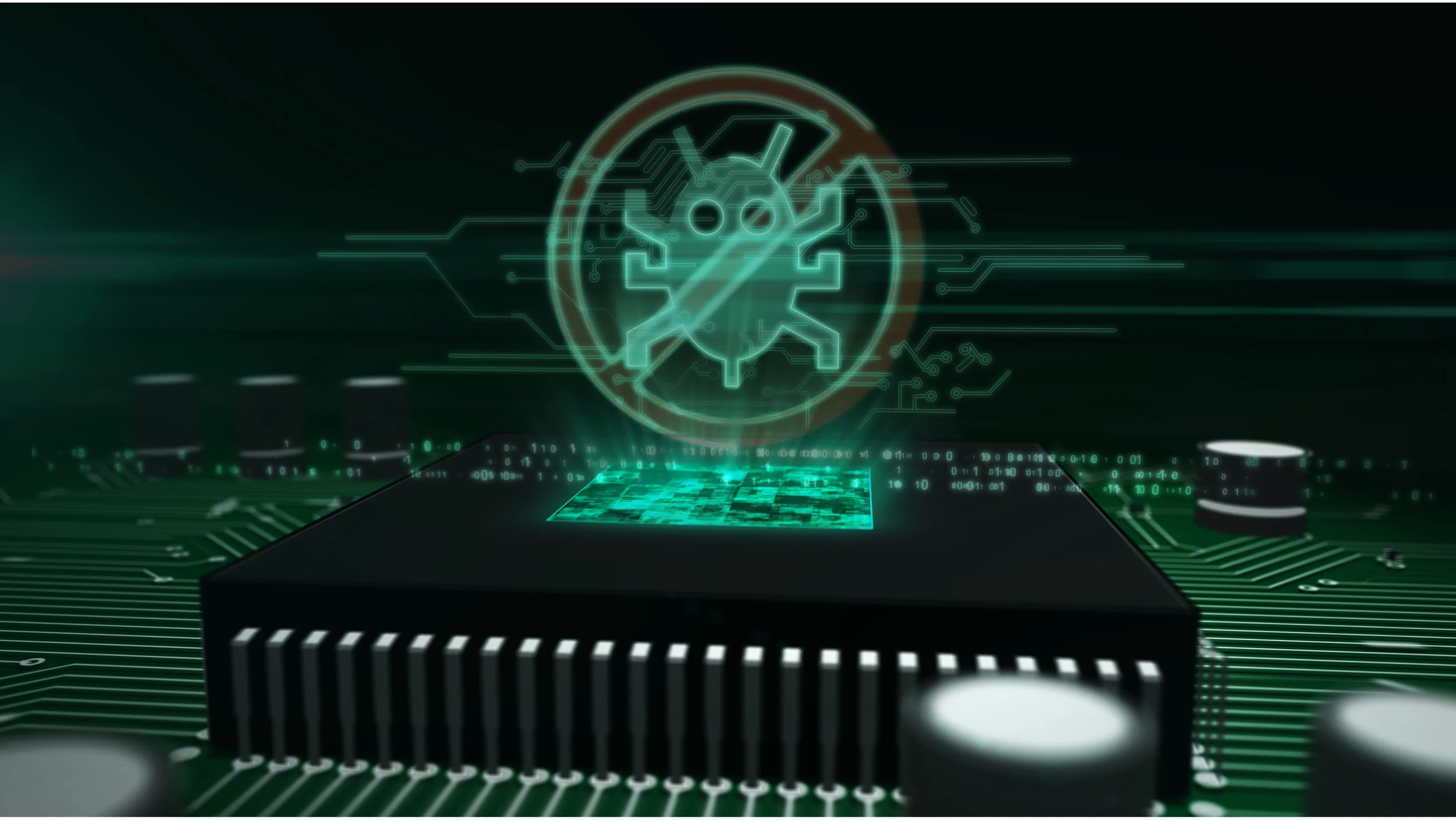 Chip de processador em placa de circuito impresso com holograma de inseto eletrônico riscado por símbolo de proibido, ilustrando a desmistificação do mito de que Linux não tem vírus e a segurança do sistema Linux.