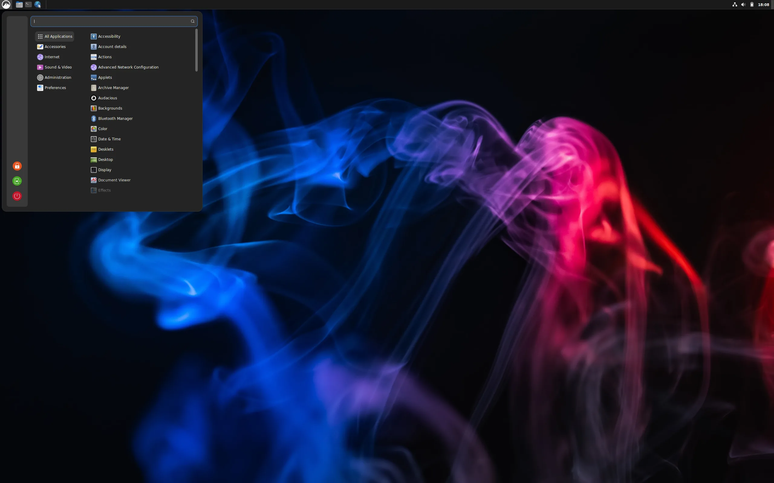 Screenshot do PorteuX 2.2 com o menu de aplicativos aberto em um ambiente desktop leve, sobre um papel de parede abstrato de fumaça azul e rosa