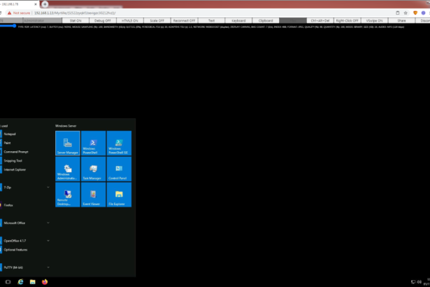 Captura de tela de uma sessão do cliente FreeRDP exibindo uma área de trabalho remota do Windows com o menu Iniciar aberto. A barra de ferramentas do FreeRDP é visível na parte superior.