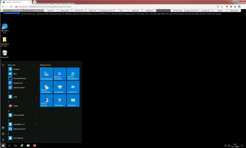 Captura de tela de uma sessão do cliente FreeRDP exibindo uma área de trabalho remota do Windows com o menu Iniciar aberto. A barra de ferramentas do FreeRDP é visível na parte superior.