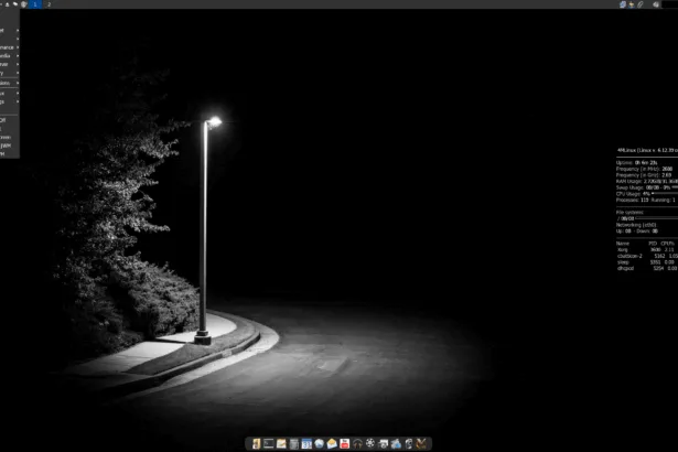 Screenshot do desktop do 4MLinux 49.0 STABLE com menu JWM aberto, conky exibindo informações do sistema e dock de aplicativos na parte inferior