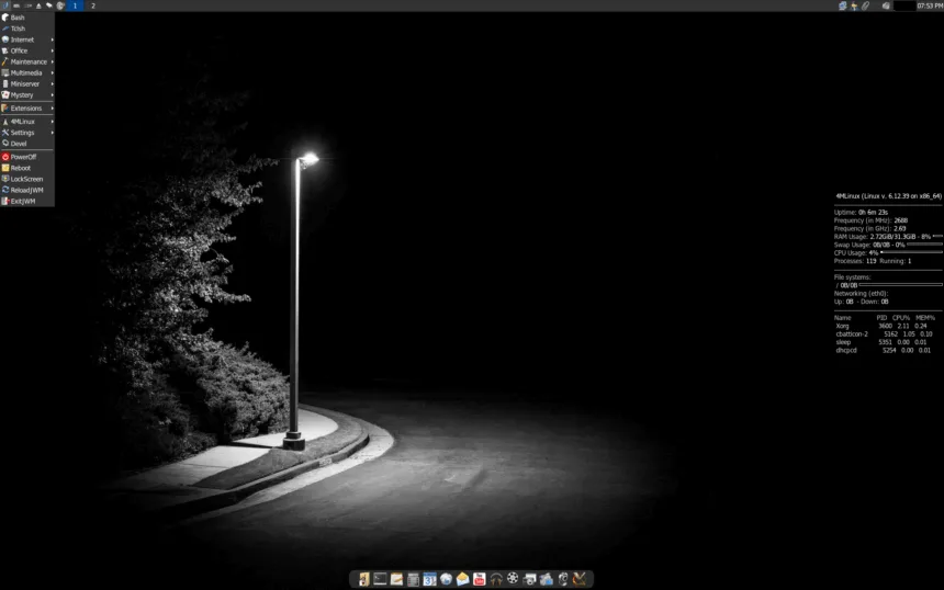 Screenshot do desktop do 4MLinux 49.0 STABLE com menu JWM aberto, conky exibindo informações do sistema e dock de aplicativos na parte inferior