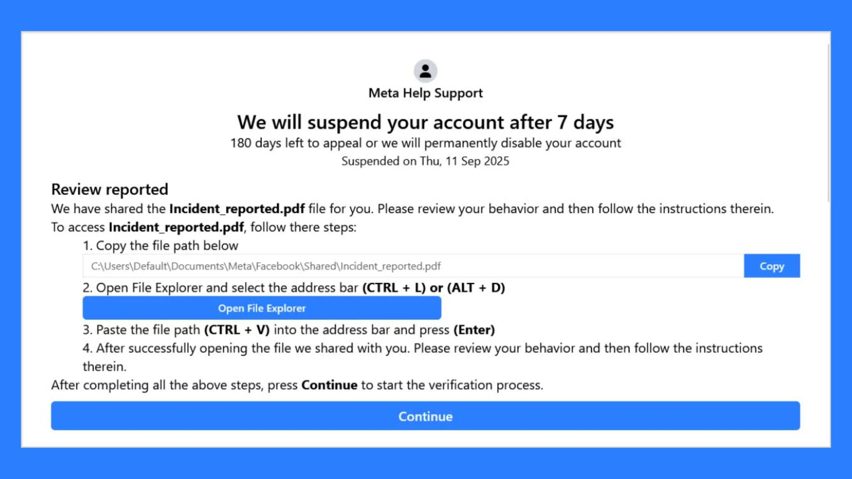 Ataque FileFix personificando o suporte Meta
