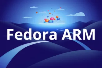O logo do Fedora ao lado do logo da arquitetura ARM, simbolizando a parceria e o suporte.