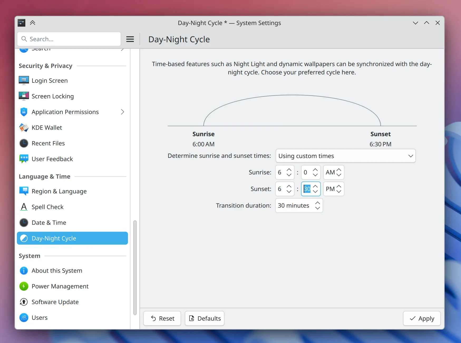 Imagem das configurações do sitema para configurar o modo claro ou escuro conforme a hora do dia personalizado pelo usuário do KDE.