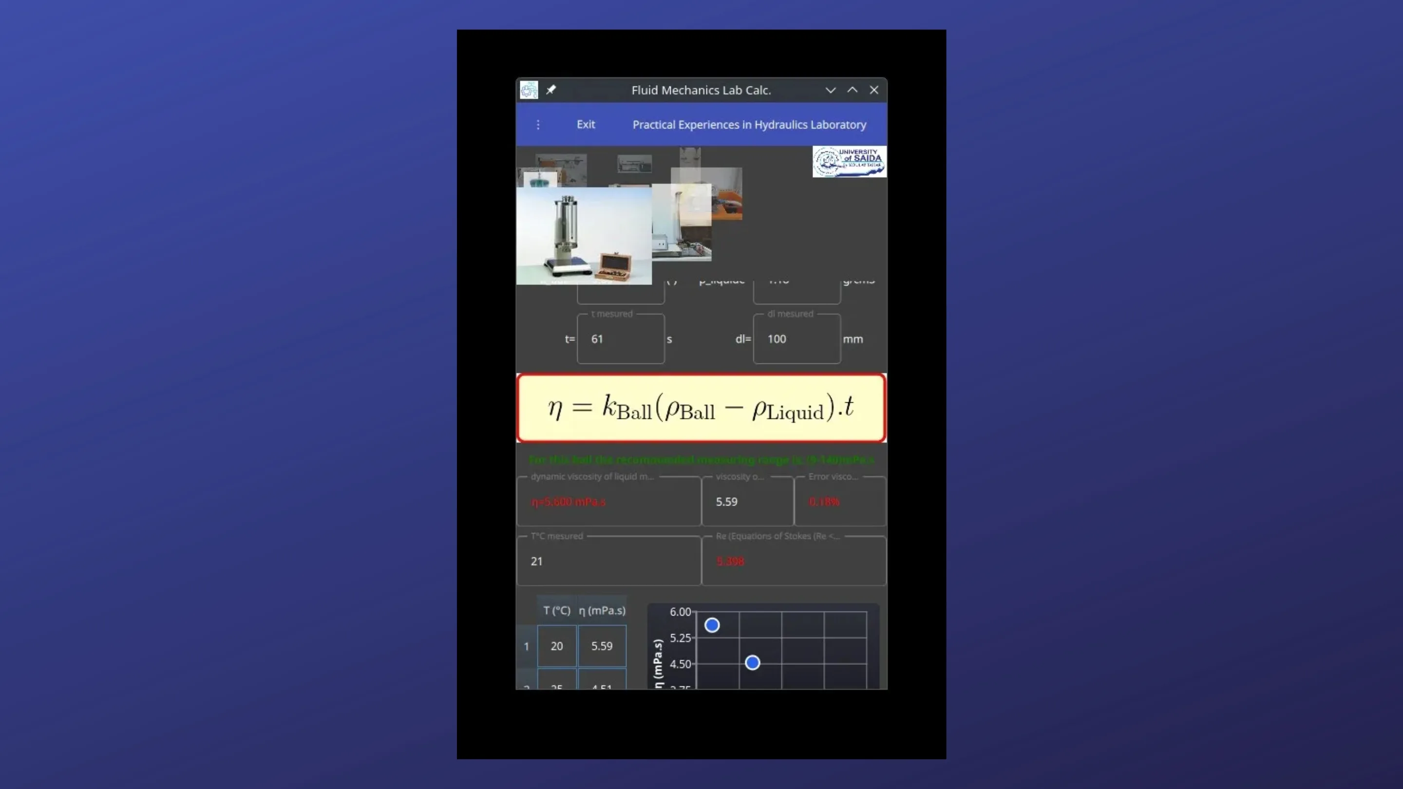 Imagem com a interface do Fluid Mechanics Lab Calc.