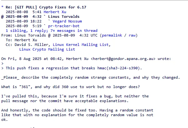 Linus Torvalds critica pull request de criptografia e dá aula sobre como escrever boas mensagens de commit 2 oPXUy1Wx image 2