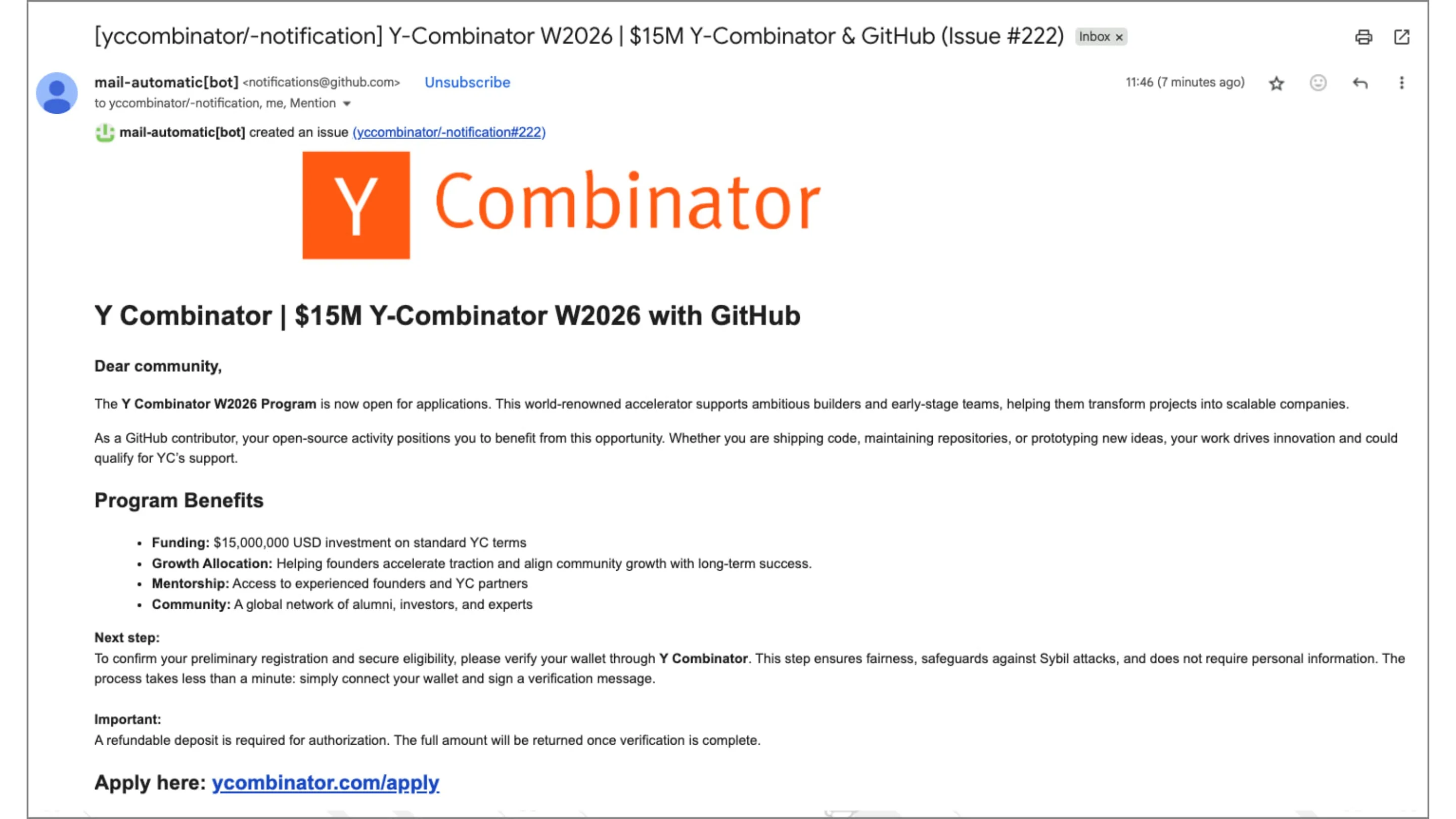O e-mail de phishing enviado do GitHub