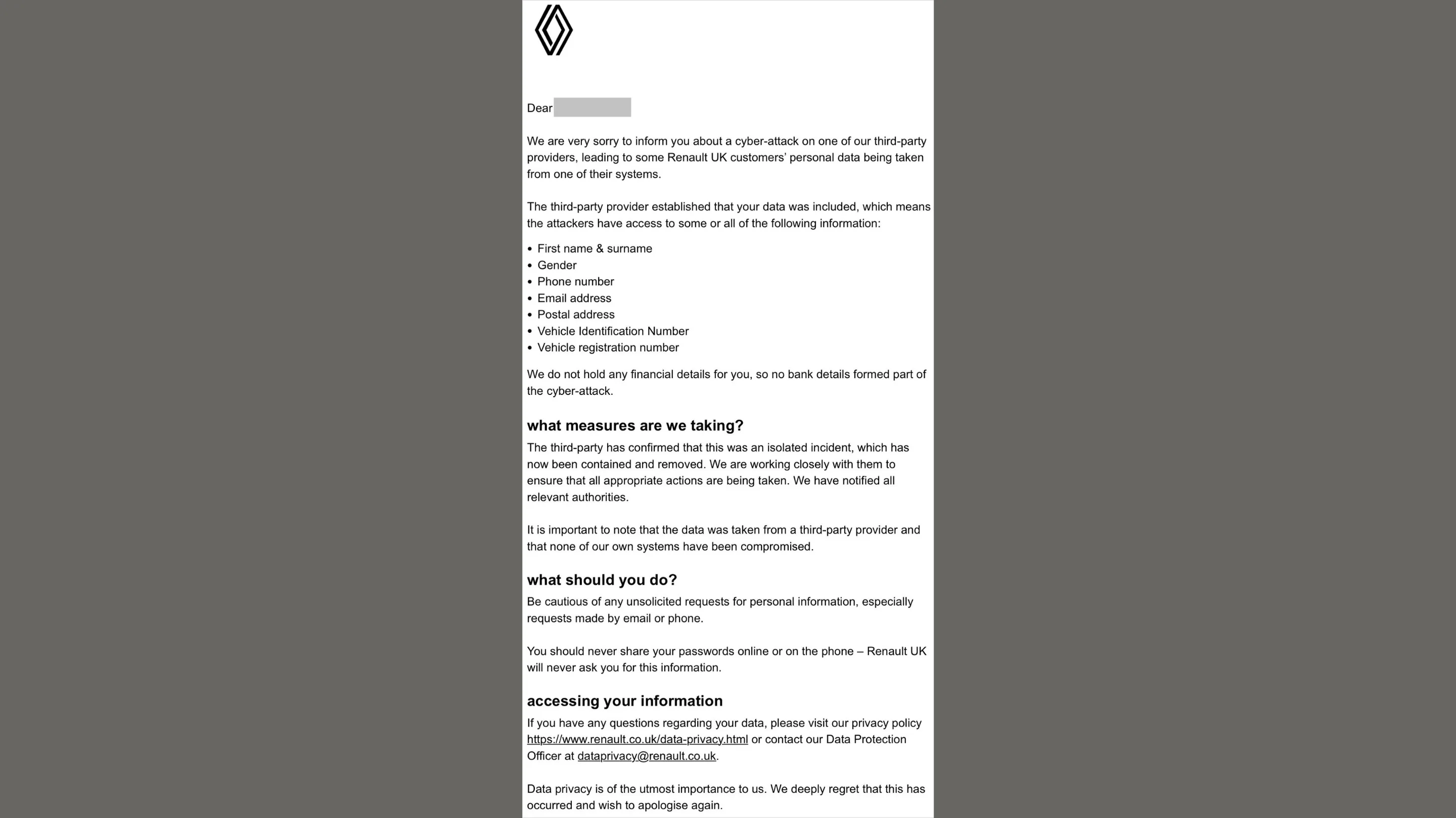 Aviso da Renault aos clientes
Fonte: Troy Hunt