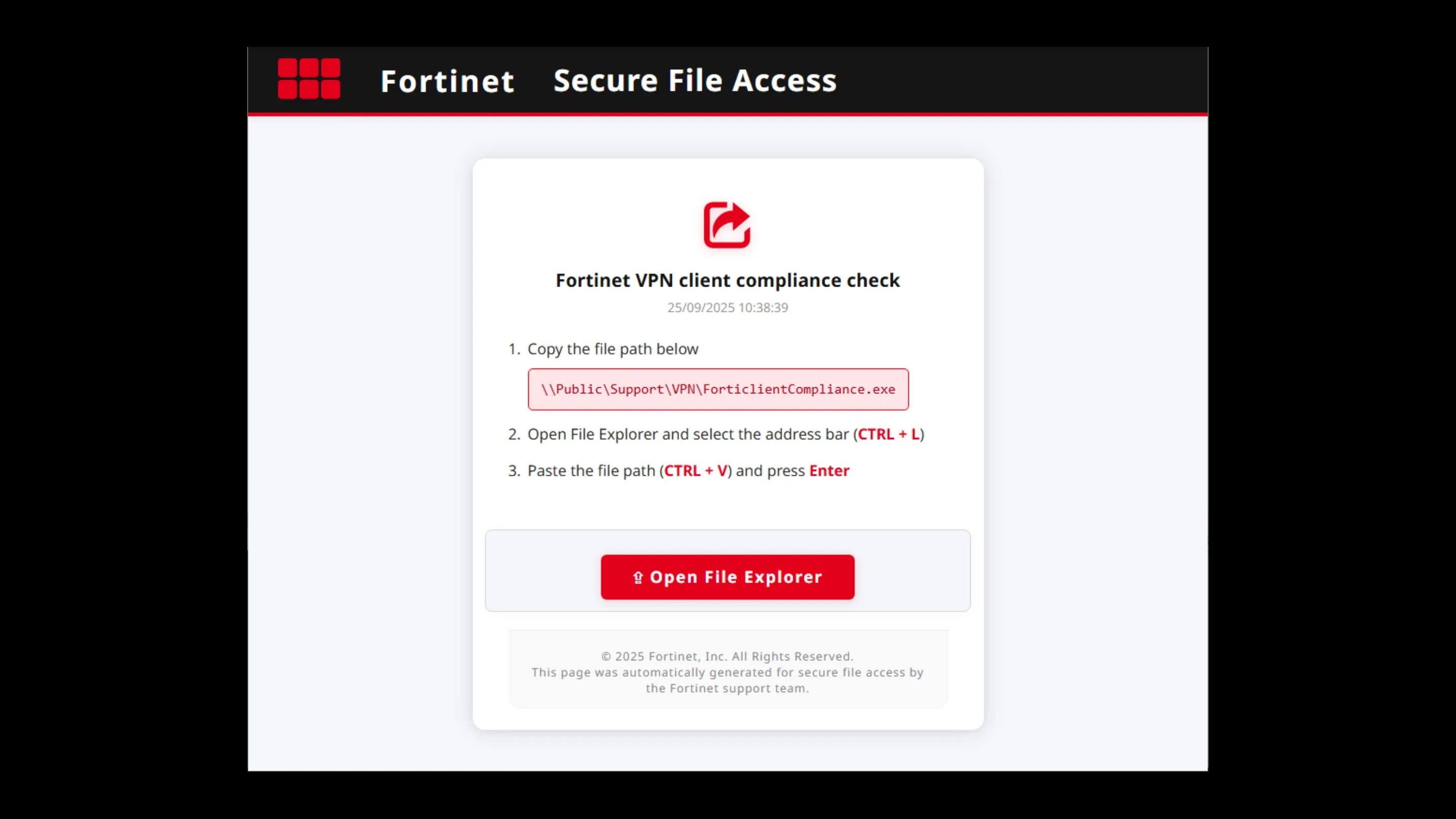 Ataque FileFix: O que é e como se proteger da ameaça 2 Verificação de conformidade do Fortinet VPN FileFix lure