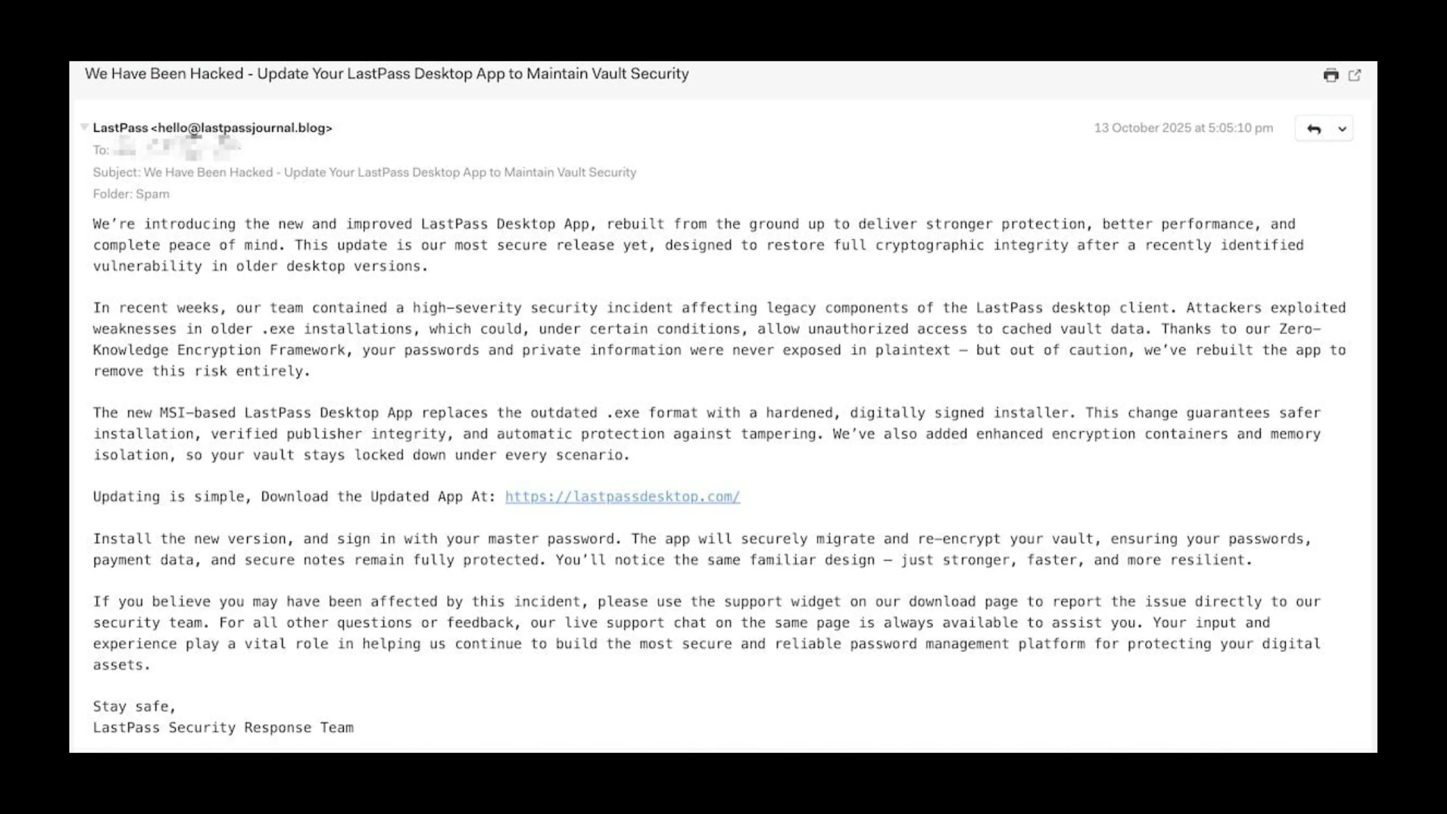 Alerta phishing LastPass/Bitwarden: Veja como se proteger 2 E-mail de phishing representando LastPass