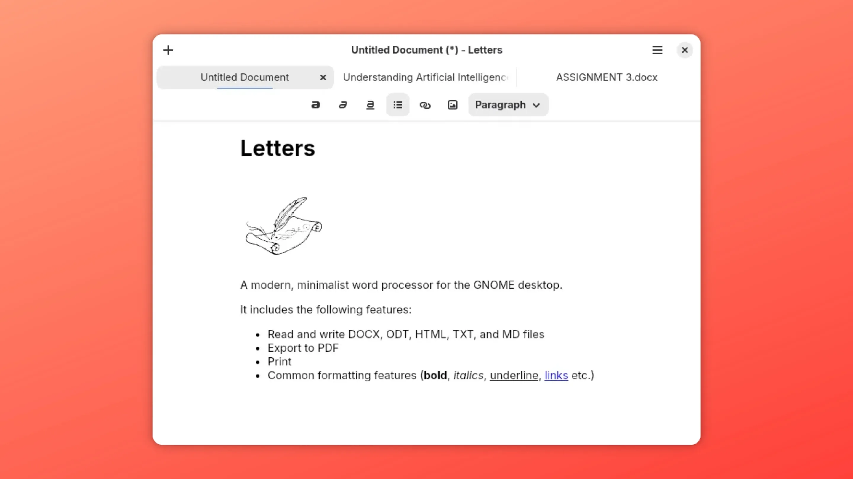 Imagem com a interface do Letters