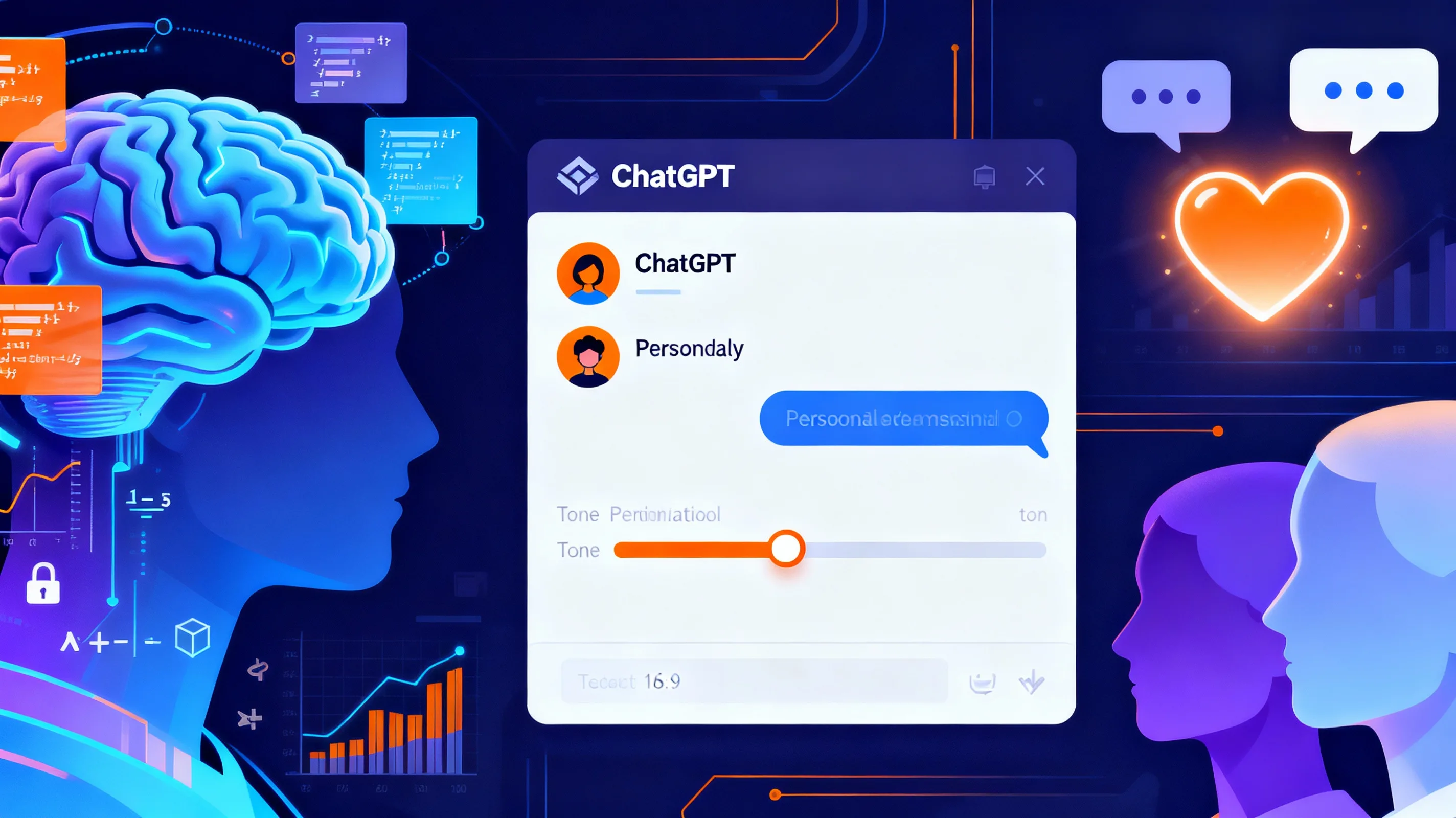 Ilustração do GPT-5.1 OpenAI mostrando um cérebro digital azul (IQ) e um cérebro laranja com ícones de emoção (EQ) ao redor de uma tela de chat com opções de personalidade.