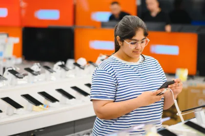 Pessoa segurando smartphone e comparando suporte de software, assistência técnica e valor de revenda do aparelho