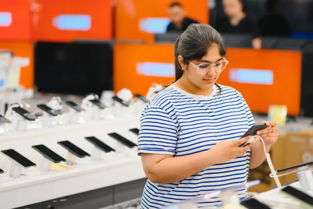 Pessoa segurando smartphone e comparando suporte de software, assistência técnica e valor de revenda do aparelho
