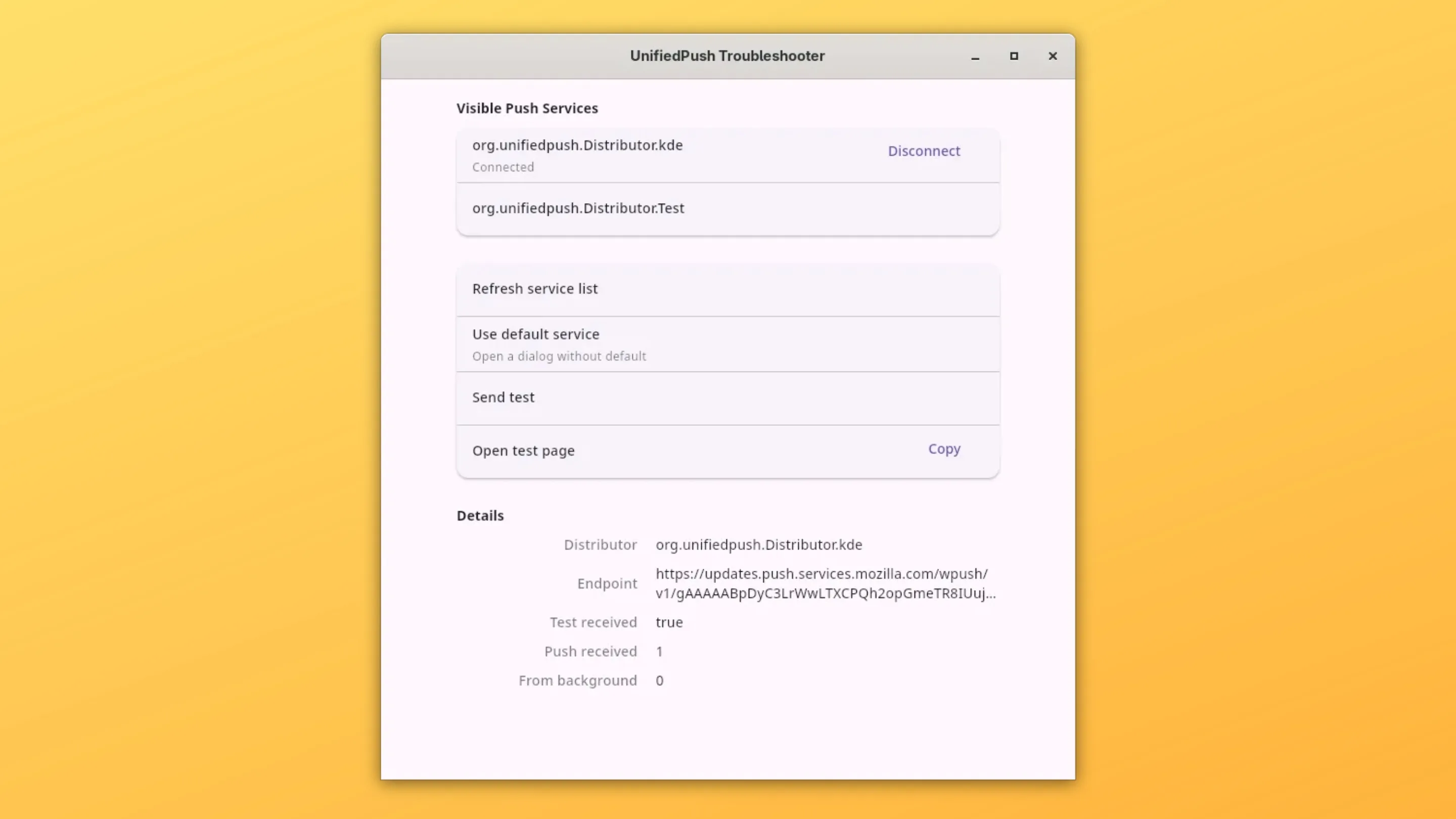 Instale o UnifiedPush Troubleshooter, um resolvedor de problemas UnifiedPush, no Ubuntu, Fedora, Debian e outras distribuições Linux com Flatpak 2 Imagem com a interface do UnifiedPush Troubleshooter