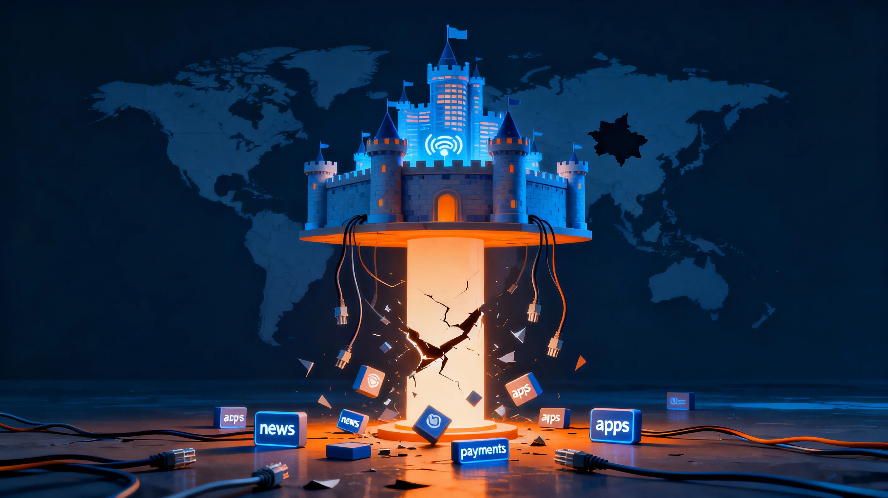 Queda da Cloudflare expõe fragilidade da internet e reforça risco de centralização digital 2 Ilustração abstrata do Cloudflare outage segurança, com pilar central da internet em colapso e serviços digitais afetados