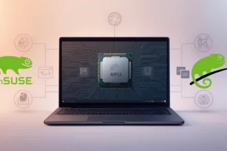 Notebook com openSUSE e ilustração de CPU, GPU e NPU destacando o driver Intel NPU no openSUSE para IA local em CPUs Core Ultra