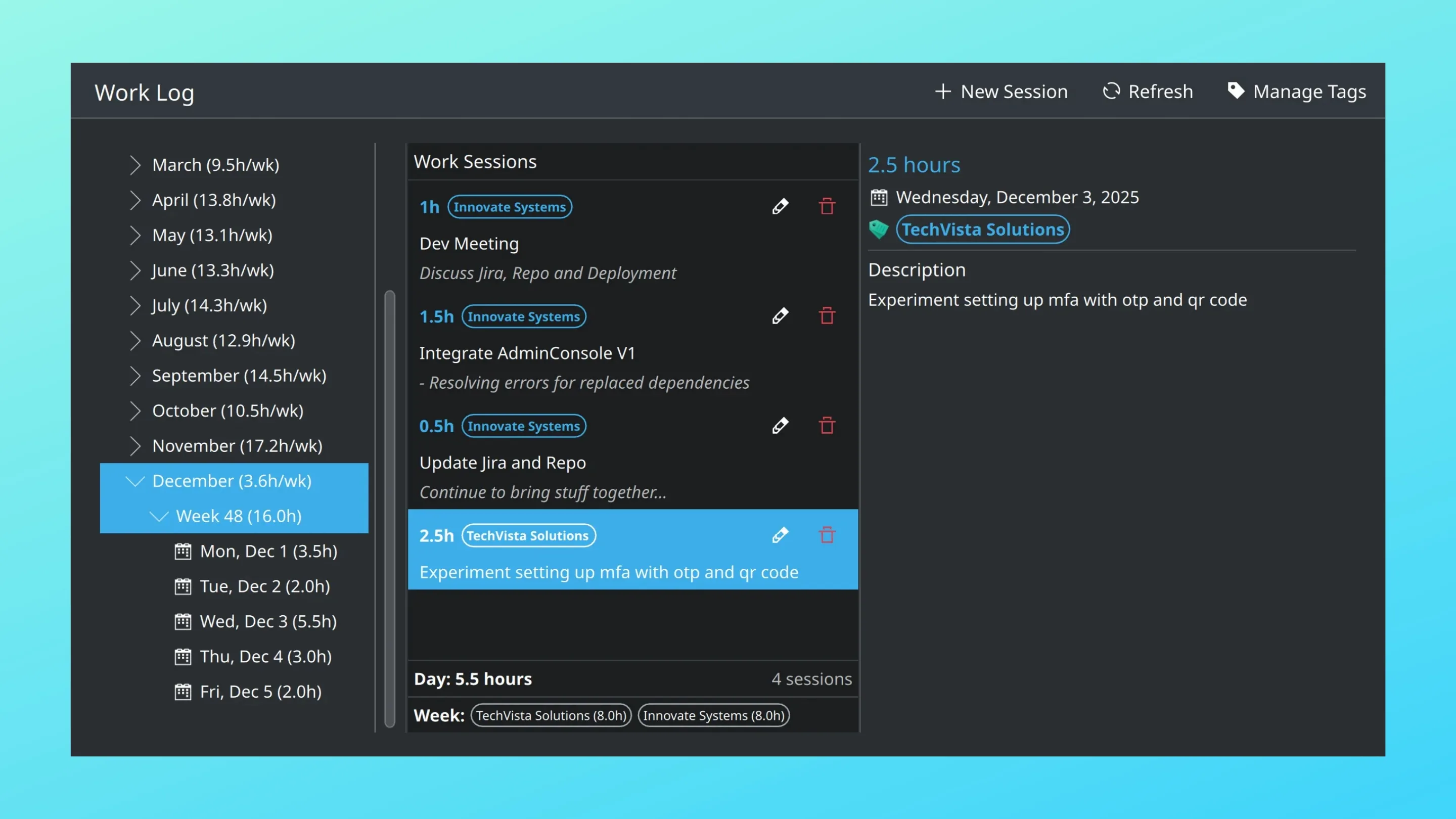 Instale o Work Log, um organizador de tempo, no Ubuntu, Fedora, Debian e outras distribuições Linux com Flatpak 2 Imagem com a interface do Work Log